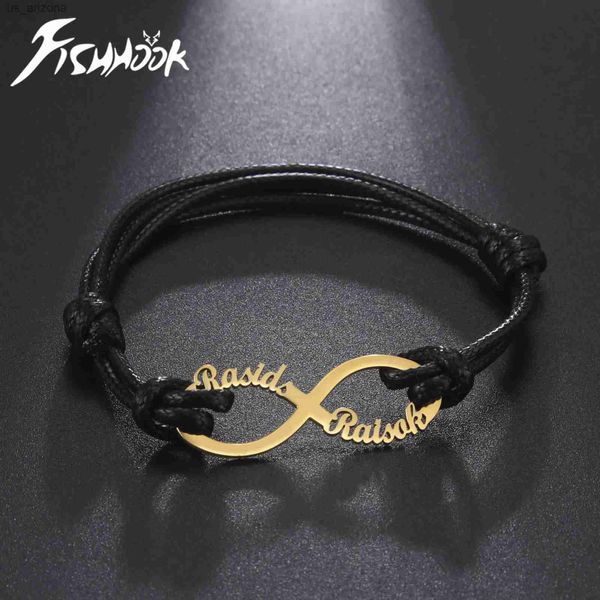 Fishhook Infinity personalizado pulsera nombre brazalete cuerda cuero ajustable regalo para hombre mujer joyería de acero inoxidable L230620
