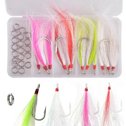 Vishaken 32 stks/doos Bucktail Jig Vishaken Met Split Ringen Zoutwatervissen Lokt Teaser Kunstaas Roestvrij vishaak Set