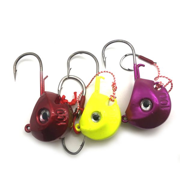 Hameçons de pêche à tête de gabarit en métal, lot de 3 pièces, hameçons Mustad barbelés, yeux 3D, 100g/120g/140g, océan profond, leurres lumineux