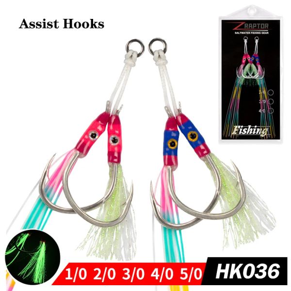 Fishhooks 4 paires Fish Eye Shake lent Plaque de fer Crochet Night Glow Fil Double Assist Crochet High Carbone Steel Fishing Sea Fishing Pike Fishhooks