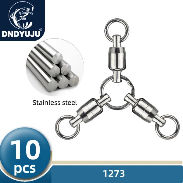 Anzuelos DNDYUJU 10X Pesca en el mar Acero inoxidable Pesca giratoria de tres vías Conector de rodamiento de bolas resistente Gancho de anillo sólido rodante