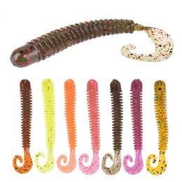 Pêche 12pcs / sac Appâts mous Wobblers Worm Migle bouclé 6cm 1,4g odeur de sel en silicone Bait artificiel Swimaits Bass Tackle