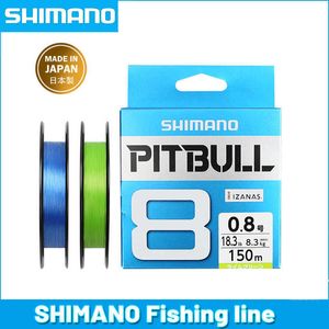 Accessoires de pêche 100% Original SHIMANO PITBULL X8 Ligne de pêche tressée PE 150M 200M Vert Bleu Fabriqué au Japon 0.6 # 0.8 # 1.0 # 1.2 # 1.5 # 2.0 # P230325