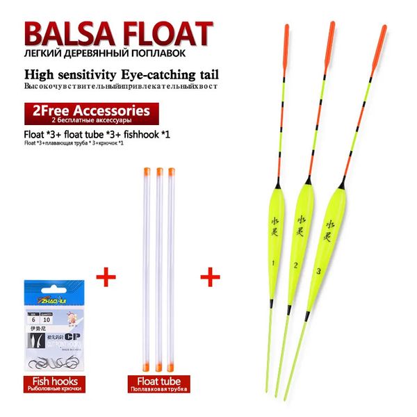 Accesorios de pesca 3pcslot Flotadores de pesca en aguas poco profundas Balsa Bobber3pcs tubos flotantes1 Bolsa Anzuelos de pesca Boya de agua dulce Aparejos de pesca Herramientas 231013