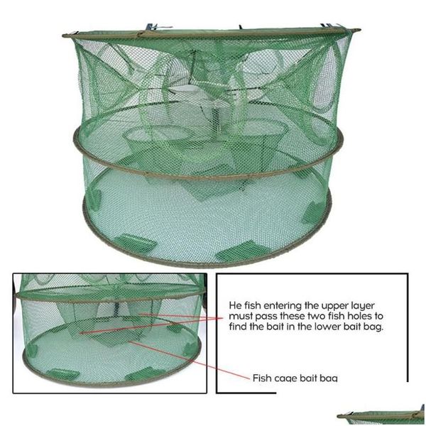 Accessoires de pêche 5-21 trous Matic Pliant Net Crevettes Cage Nylon Pliable Crabe Poisson Piège Cast Réseau Accessoires218W Drop Livraison Ot2Ur