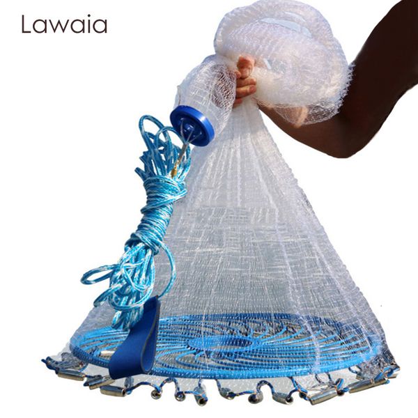 Accesorios de pesca Lawaia Deep Hole Cast Net Hierro Acero Colgantes Fishnet Blue Ring Estilo americano Small Mesh Catch Fish Casting Network 230512