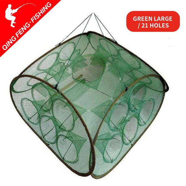 Accessoires de pêche renforcés 21 trous filet de pêche automatique Cage à crevettes en Nylon pliable crabe piège à poisson fonte filet coulé réseau de pêche pliant 230523