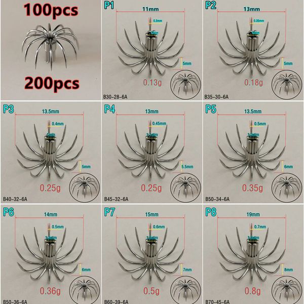 Anzuelos de pesca 100 piezas 200 piezas de acero inoxidable pequeños anzuelos de calamar P paraguas corona anzuelo de pesca P1-P8 España Chile accesorios de cebo Jig pesca 231204