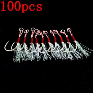 Hameçons de pêche 100pcs / Lot Assist Hook Leurre de pêche Slow Jigging Fish Cast Jigs Barbed Single Jig Hooks Thread Feather Pesca Carbon Steel Peche 230516