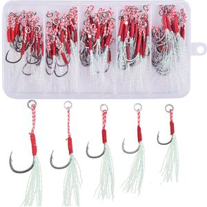 Hameçons de pêche 100Pcsbox Cast Jig Assist Leurre de jigging lent Bass Barbed Attacher Hameçon Avec Hameçon de pêche en mer Plume 221107