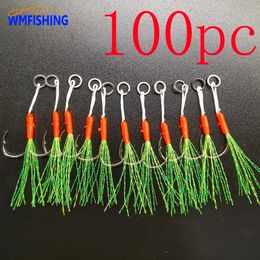 Vishaken 100pcsLot Assist Haak Vissen Lokken Vis Gegoten Jigs Prikkeldraad Enkele Jig Haken Draadveer Pesca Koolstofstaal Peche Slow Jigging 230718