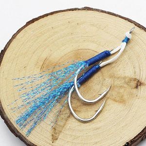 Vissen Haken 10 Paar Assist Haak Ring Jiglure Jigging Fishjig Double Feather Pair Pair Barbed Blue Jig Pesca Peche O6M3
