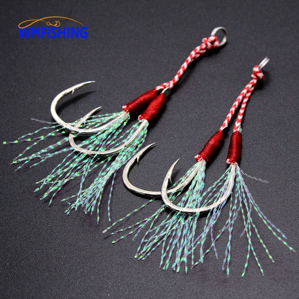 Crochets de pêche à 10 paires Jigs mouchés aident le crochet barbelé double pairehooks filetage plume pesca en acier à carbone élevé leurre jigging lent 230606