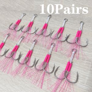 Vishaken 10Pairs Metalen Jig Assist Haak Roze Dubbele Haken Draad Veer Koolstofstaal Zee Vishaak Slow jigging Peche 230807