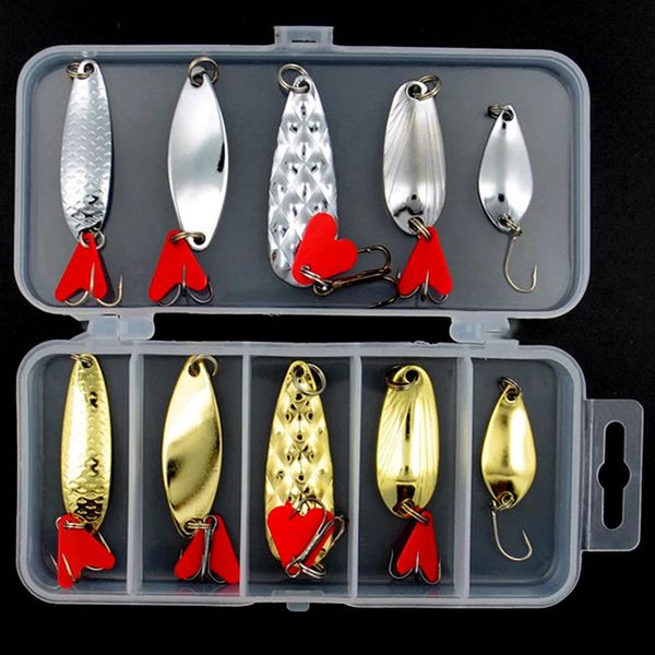 Anzuelos de pesca 10 unids / set Oro y astilla Metal Jig Cuchara Spinner Señuelo Wobbler Bait Set con kit de caja de aparejos para 231123