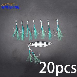 Hameçons de pêche 20 paires Cast Jig Assist Hook Leurre de jigging lent Hameçons de basse Hameçon barbelé Attacher Hameçon avec plume Mer Double crochet de pêche 230608