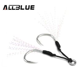 Vishaken AllBlue 4pairs/Lot Metal Jig Assist Hook met PE-lijn Feather vaste ring Lepel zoutwater vishook voor 5-80 g Lure P230317