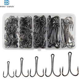 Anzuelos de pesca Easy Catch 150 unids/caja anzuelos de pesca dobles de acero de alto carbono atado de moscas anzuelo doble para Jig Bass Fishhook 230725