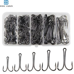 Hameçons de pêche Easy Catch 150pcs boîte en acier à haute teneur en carbone Double mouche attachant crochet pour Jig Bass Fishhook 230809