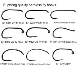 Crochets de pêche Eupheng 100pcs Competition Barble Fly Flom Fishing Hook Tying Materails Dry Nymphe Shirmp Wet Caddis Fly Hook Black Nickle 221020
