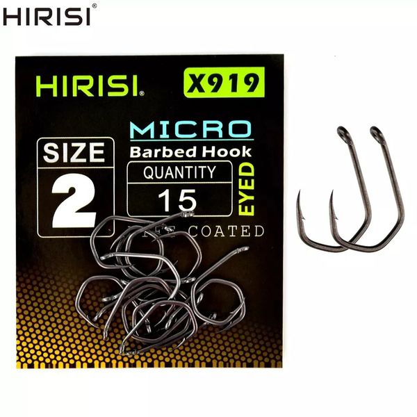 Hameçons de pêche Hirisi 15 pièces hameçon en acier à haute teneur en carbone enduit de PTFE Micro barbelé avec oeil carpe crochet de pêche accessoires X919 231013
