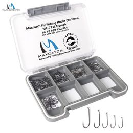 Hameçons de pêche Maximumcatch 125pcs 681012141618 Ensemble de montage de mouches sans ardillon FishFriendly Jig nymphe forgé nickel noir 230608