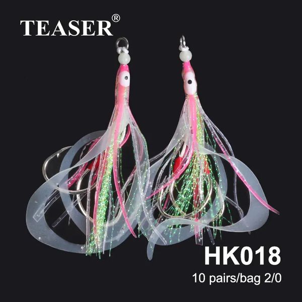 Anzuelos de pesca TEASER 10 unids Twin Assist Fishhook Jig Señuelo de pesca Artificial Silicona Falda suave Calamar Cebo Luminoso Doble Gancho Tai Kabura 231204