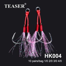 Hameçons de pêche TEASER 10pcslot Professional Saltwater High Carbon Jigging Twin Assist Hook Carp Ice Snap Circle Fishhook Accessoires 230729