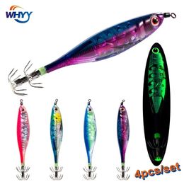 Hameçons de pêche WHYY 4pcsset Leurres Flottant Squid Jig Crochet Artificiel Crevette Appât Lumineux En Bois Pour Mer 220914