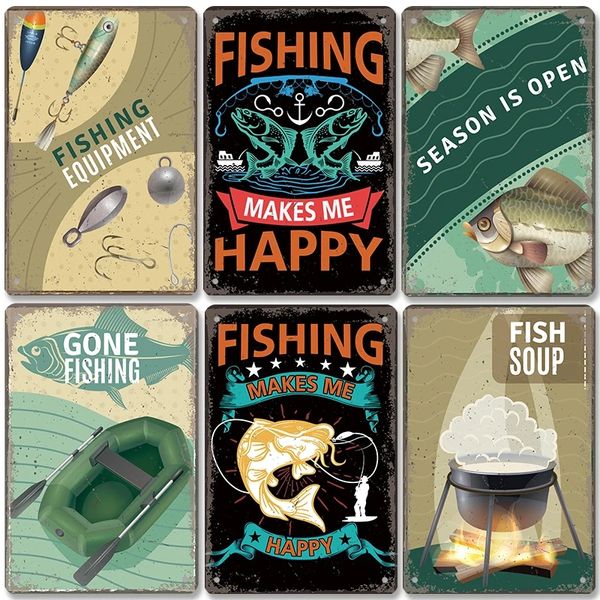 Affiche de pêche en métal, signes en étain, équipement de pêche Vintage, soupe de poisson, plaque métallique, décor mural rétro, magasin de pêche, Club, maison d'outils, 30x20cm W03