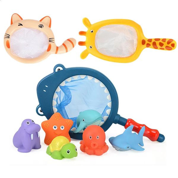 Jouets de pêche sac réseau ramasser canard poisson enfants jouet cours de natation jeu d'été bain d'eau poupée jouets de bain à pulvérisation d'eau 240130