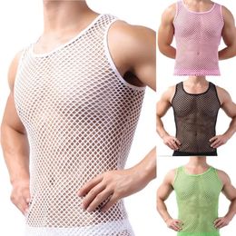 Fishnet Men Sexy Mesh Tops Sleep Transparent Sous-vêtements mâles Male Couleur Viette sans manches