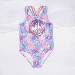 Fishscale Bandage Girls Kids Swimsuit 2023 Shell Forme Embroderie Enfants Swimwear Beach Wear Monokini 240409