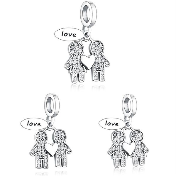 Fit Original Pandora Charm Bracelet 925 Sterling Silver Boy And Girl Dangle Charm Zircon Amour Coeur Pendentif Perles Pour Faire Women309P