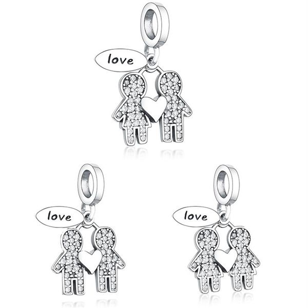 Fit Original Pandora Charm Bracelet 925 Sterling Silver Boy And Girl Dangle Charm Zircon Amour Coeur Pendentif Perles Pour Faire Women265F