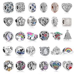 Fit Pandora perles 925 argent charme femmes bijoux Couleur Licorne Cristal Coeur Trèfle Perles