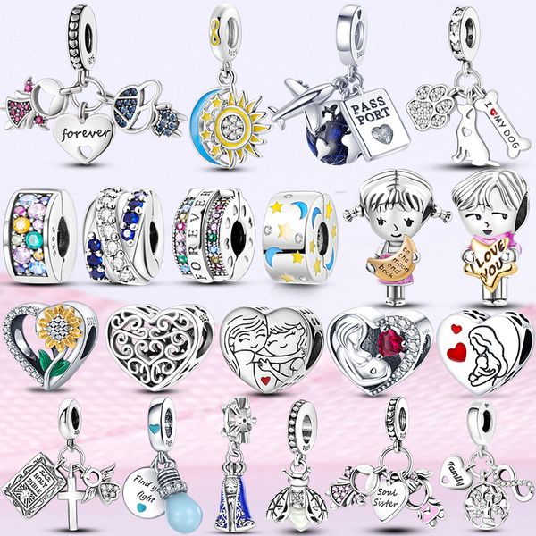 Fit Pandora beads 925 encanto de plata joyería de mujer Hug Sister Airplane Passport