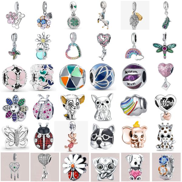 Fit Pandora perles 925 argent charme femmes bijoux Nouvelle Mode Exquis Perles Chien Arc-En-Papillon Libellule Éléphant Trèfle Convient