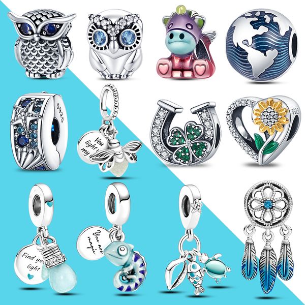 Fit Pandora perles 925 argent breloque femmes bijoux Blue Turtle Starfish Owl Charms