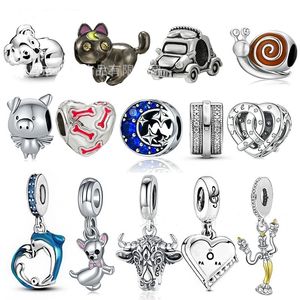 Fit Pandora Charmarmband Elephant Dolphin Pig Cat Princess Double Heart European Silver Bead Charms Beads Diy Snake Chain For Women Bangle Necklace Jewelry