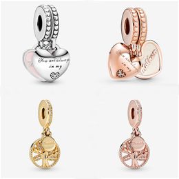 Fit Pandora Charm Bracelet Européen Argent Charmes Perles Cristal Double Coeur Arbre Généalogique Mère Amour Dangle DIY Chaîne De Serpent Pour Les Femmes Bracelet Collier Pendentifs