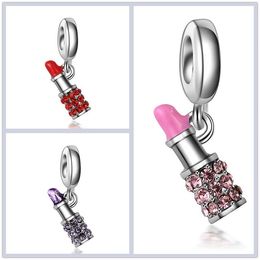 Fit Pandora Charm Bracelet European Silver Charms Pink Red Lipstick Esmalte Crystal Beads DIY Cadena de serpiente para mujer Brazalete Collar Joyería