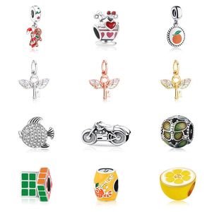 Fit Pandora Charm Bracelet European Silver Charms Beads Crystal Orange Tin Butterfly Fish Motocicleta Cuelga DIY Cadena de serpiente para mujer Brazalete Collar Joyería