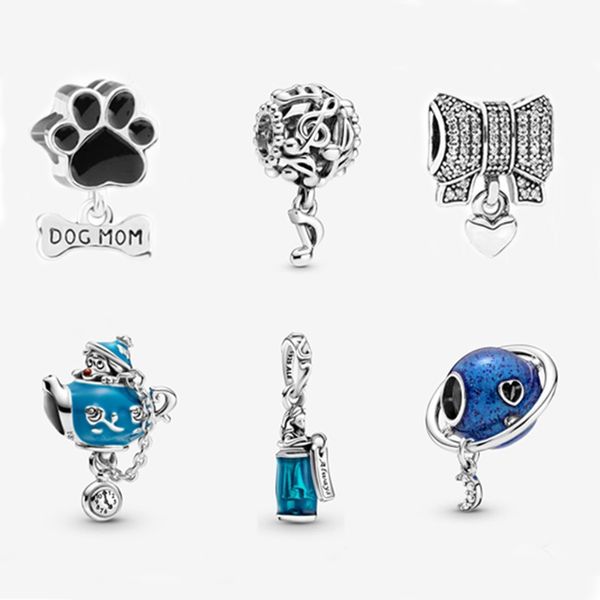 Fit Pandora Charm Bracelet Européen Argent Charmes Perles Cristal Chien Maman Note De Musique Drink Me Moon Earth Dangle DIY Chaîne De Serpent Pour Les Femmes Bracelet Collier Pendentifs