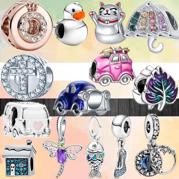 Fit pandora charms 925 bracelet perle boîte d'origine nouvelle couleur argent belle chanceux chat canard voiture brillant bijoux de charme européen