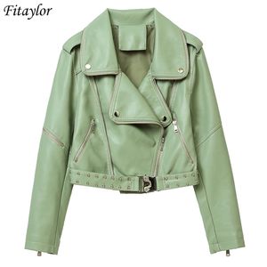 Fitaylor Automne Hiver Femmes Biker Manteau Doux Faux Cuir Veste Noir Vert Moto Veste Rue Punk Outwear Mince PU De Base Manteaux 211007