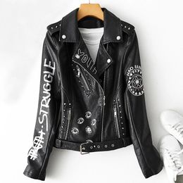 Fitaylor automne hiver femmes Graffiti imprimer veste en simili cuir dame Moto vélo PU cuir manteau décontracté Rivet veste avec ceinture 240222