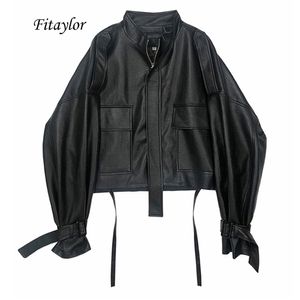 Fitaylor herfst vrouwen faux zachte PU motorfiets lederen jas casual losse zwarte faux lederen punk rits overjas 210916