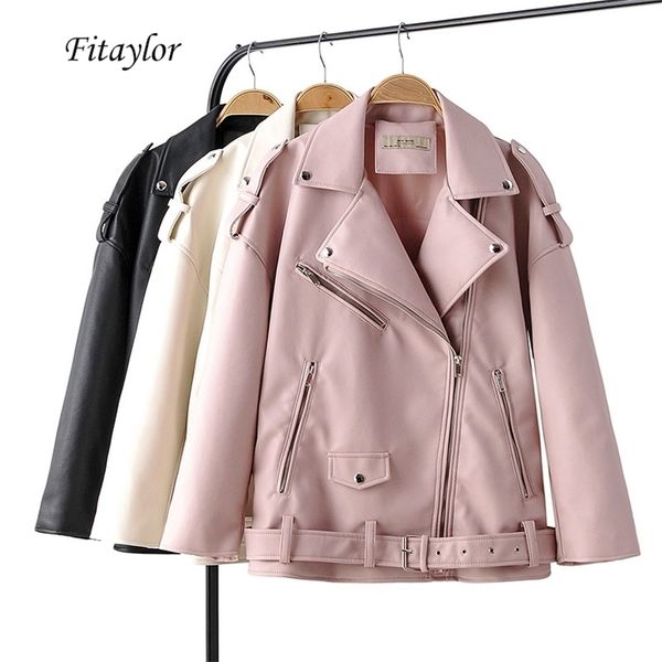 Fitaylor Automne Femmes Lâche En Cuir Vestes Col Rabattu Rivet Épaulette Zipper Biker Pardessus Femme Faux En Cuir Souple Outwear 210916