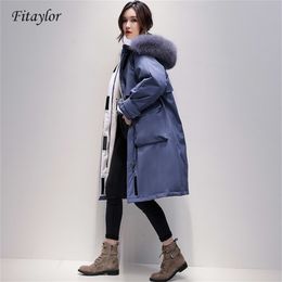 Fitaylor Large Real Fox Fur Collar Abrigo largo Chaqueta de invierno Mujeres 90% pato blanco abajo Parkas gruesas Cálido Sash Tie Up Snow Outwear 200923